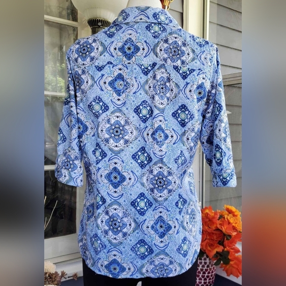 VTG 90s Alia Petite Blue Floral Geometric 3/4 Sleeves Buttons Up Shirt Top 8P - Picture 6 of 7